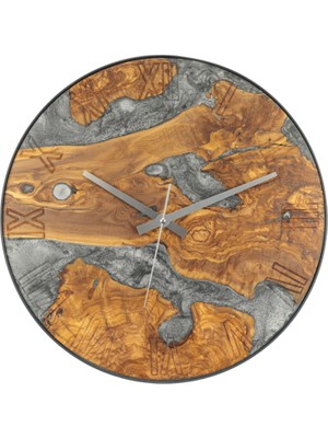 Wood Stone Art Metal Çemberli Zeytin Ağacı Gümüş Epoxy Roma Rakamlı Duvar Saati – Ø48CM