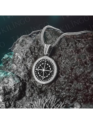 Takılingo 925 Ayar Gümüş Mikro Taşlı Pusula Tasarım Erkek Kolye