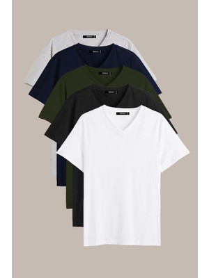 Comeor Erkek Çok Renkli %100 Pamuk T- Shirt Regular Fit Rahat Kesim V Yaka 5'li Basic Tişört Paketi