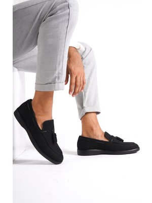 Mubiano Hakiki Deri 22107T-S Nubuk Siyah ince Taban Püsküllü Erkek Loafer & Günlük Ayakkabı