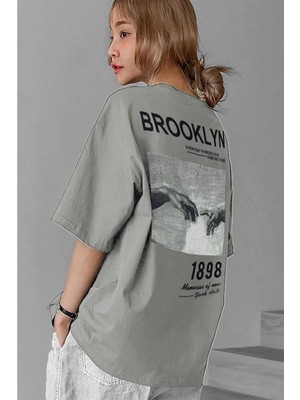 Millionaire 1898 Brooklyn Gri Oversize Salas Boyfriend Kadın T-Shirt