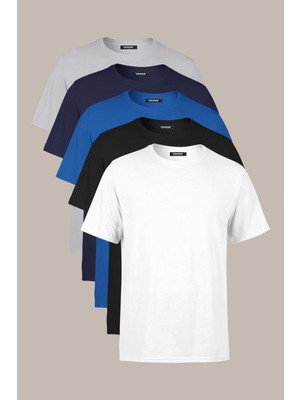 Comeor Erkek Çok Renkli %100 Pamuk T- Shirt Regular Fit Rahat Kesim Bisiklet Yaka 5'li Basic Tişört Paketi
