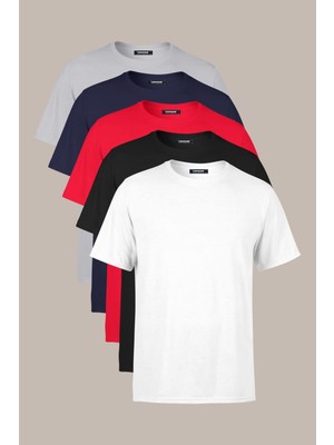 Comeor Erkek Çok Renkli %100 Pamuk T- Shirt Regular Fit Rahat Kesim Bisiklet Yaka 5'li Basic Tişört Paketi