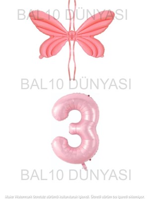 Bal10 Dünyası Pembe Renk Melek Kanadı Folyo Balon ve Rakam Folyo Balon Seti Yaş 3