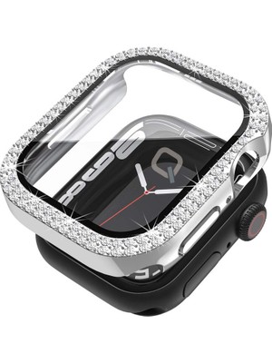 Quse Apple Watch Seri 9-8-7 45MM Uyumlu Ekran ve Taşlı Kasa Koruyucu Gümüş
