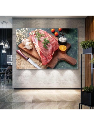 Baharatlarla Süslü Kırmızı Et Kasap Restaurant Dekor Kanvas Tablo