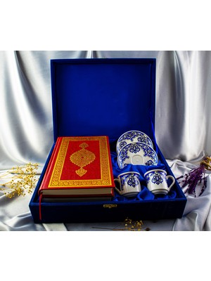 Kütahya Serigrafi İkili Kur'an-ı Kerim'li Kadife Kutulu Porselen Fincan Takımı