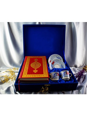 Kütahya Serigrafi İkili Kur'an-ı Kerim'li Kadife Kutulu Porselen Fincan Takımı