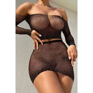 Eros Fantezi Fantezi Taşlı File Etekli Takım