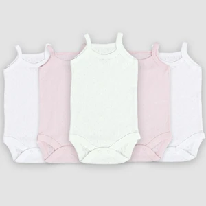 5'li Jakarlı Ip Askılı Bebek Body Zıbın Çıtçıtlı 100% Pamuk - Ekru Pembe Beyaz