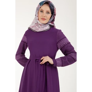 Armine Trend Kolları File Detaylı Tam Astarlı Beli Kuşak Kemerli Elbise-Mürdüm 22KT905
