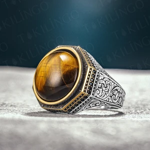 925 Ayar Gümüş Kahverengi Kaplangözü Taşlı Erkek Yüzük