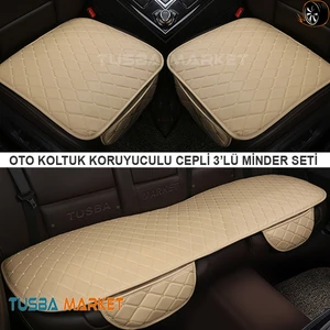 Tusba Market Araç Oto Koltuk Koruyucu Cepli Üçlü Minder Seti / Lüks Bej Deri Ön-Arka Koltuk Minderi / Tüm Araçlar