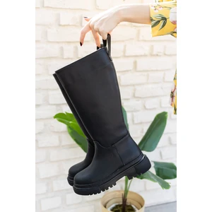 Moda Adam Kadın Siyah Deri Çizme Kalın Taban Su Geçirmez Kışlık 38 Numara