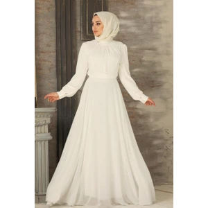 Neva Style - Düğme Detaylı Ekru Tesettür Elbise 2703E