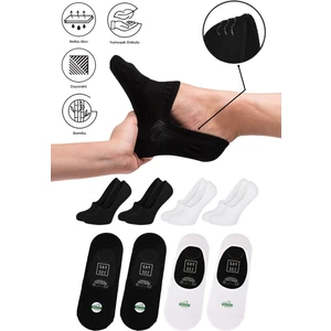 Bambu Erkek Babet Siyah Beyaz Çorap Dikişsiz Görünmez Kaydırmaz Topuk Silikonlu Premium Spor 4'lü Paket