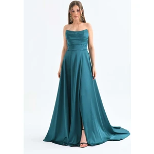 BK Butik Straplez Yırtmaçlı Saten Uzun Abiye