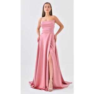 BK Butik Straplez Yırtmaçlı Saten Uzun Abiye