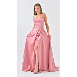 BK Butik Straplez Yırtmaçlı Saten Uzun Abiye