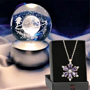 Keyfim Shop Satürn Işıklı Cam Küre 8cm*6cm Lotus Kamelya Çiçeği Kolye Hediyeli