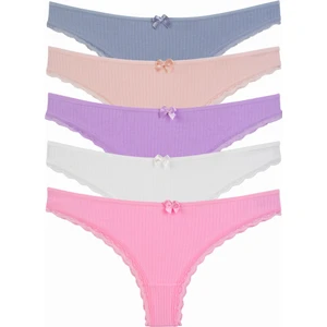 Kadın Külot Brazillian 5 Li Paket Likralı Fitilli Pamuklu Kaşkorse Dantelli Lila