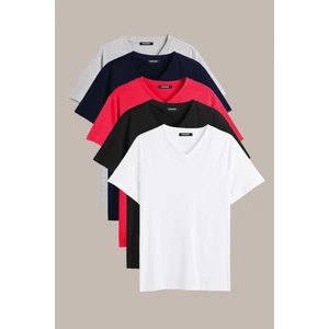Erkek Çok Renkli T- Shirt Regular Fit Rahat Kesim V Yaka 5'li Basic Tişört Paketi