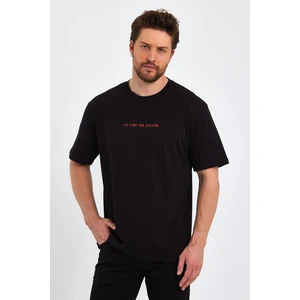 Erkek Siyah Baskılı Basic Oversize Bisiklet Yaka Kısa Kollu T-Shirt