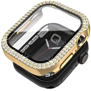 Apple Watch Seri 9-8-7 45MM Uyumlu Ekran ve Taşlı Kasa Koruyucu Gold