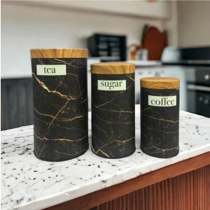 Bambu Görünümlü Kapak ve 3'lü Dama Desenli Metal Kavanoz Seti