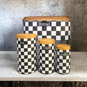 Bambu Kapak Görünümlü Metal Ekmeklik ve 3'lü Kavanoz Seti