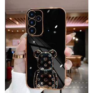M.TK Moveteck Samsung Galaxy M14 Kılıf Sevimli Şirin Ayıcık Standlı Parlak Altın Gold Kenarlı Renkli Tam Korumalı Silikon