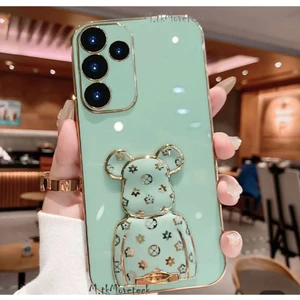 M.TK Moveteck Samsung Galaxy M14 Kılıf Sevimli Şirin Ayıcık Standlı Parlak Altın Gold Kenarlı Renkli Tam Korumalı Silikon