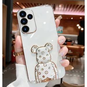 M.TK Moveteck Samsung Galaxy M14 Kılıf Sevimli Şirin Ayıcık Standlı Parlak Altın Gold Kenarlı Renkli Tam Korumalı Silikon