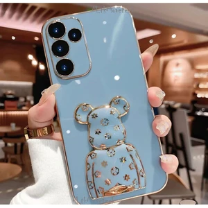 M.TK Moveteck Samsung Galaxy A24 Kılıf Sevimli Şirin Ayıcık Standlı Parlak Altın Gold Kenarlı Renkli Tam Korumalı Silikon