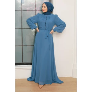 Neva Style - Düğme Detaylı Indigo Mavisi Tesettür Elbise 2703IM
