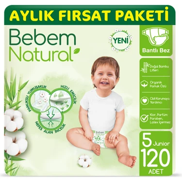 Bebem Natural Bebek Bezi 5 Beden Junior Aylık Fırsat Paketi 120