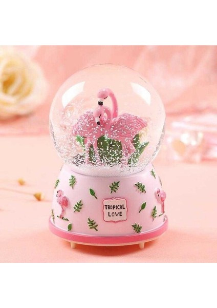Flamingo Temalı Orta Boy Işıklı Müzikli Kar Küresi-Pembe
