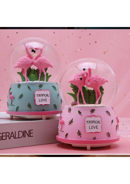 Flamingo Temalı Orta Boy Işıklı Müzikli Kar Küresi-Pembe