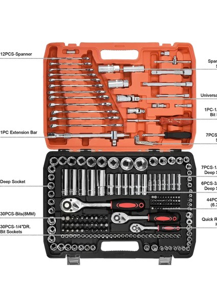 Deko Turkey Ultra Güçlü Cr-V Max 1/4 Cırcırlı 216 Parça Lokma Anahtar Takımı Oto Tamirci Full Tam Set