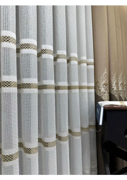 Taç Aplik Örme 1/2,5 Normal Pile Tül Perde Tek Kanat - Ekru - Vizon 100 x 270 cm