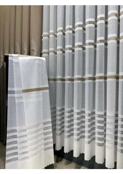 Taç Aplik Örme 1/2,5 Normal Pile Tül Perde Tek Kanat - Ekru - Vizon 100 x 270 cm