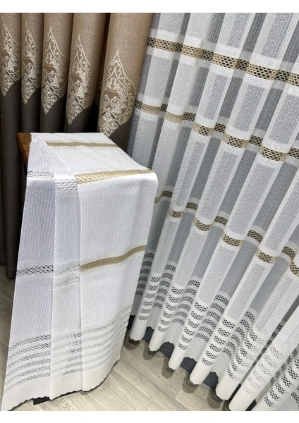 Taç Aplik Örme 1/2,5 Normal Pile Tül Perde Tek Kanat - Ekru - Vizon 100 x 270 cm