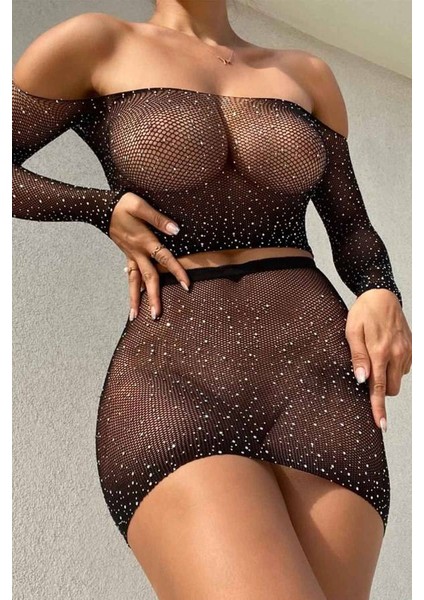 Fantezi Taşlı File Etekli Takım