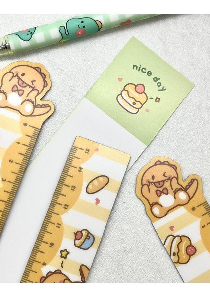 Kawaii Turuncu Dinozor Desenli Mıknatıslı Kitap Ayracı ve Cetvel / Yer Imi