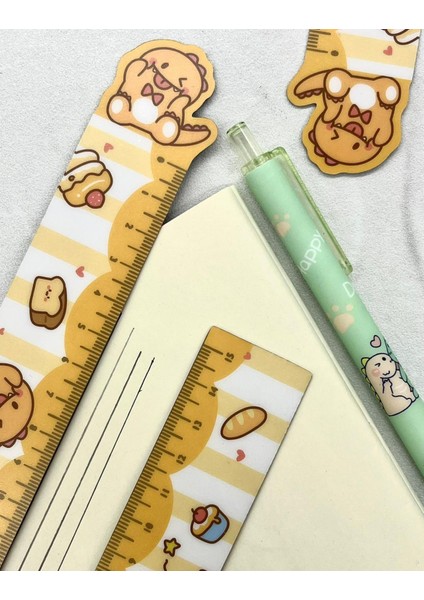 Kawaii Turuncu Dinozor Desenli Mıknatıslı Kitap Ayracı ve Cetvel / Yer Imi