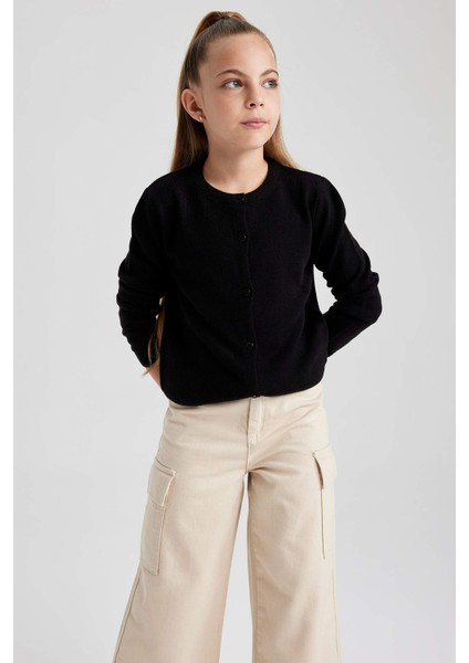 Kız Çocuk Siyah Bisiklet Yaka Triko Okul Hırkası N8407A623AU