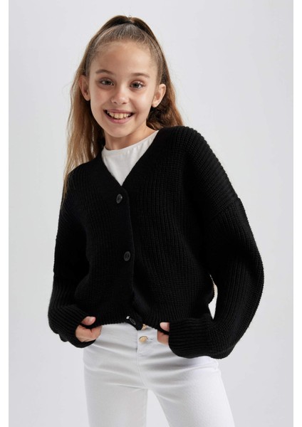 Kız Çocuk Hırka V Yaka Uzun Kollu Yumuşak Triko 8/9 Yaş Okul ve Günlük Kullanım