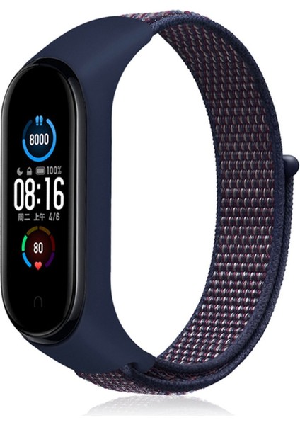 Xiaomi Mi Band 5 Hasırlı Cırtcırtlı Kordon - Lacivert-Mor
