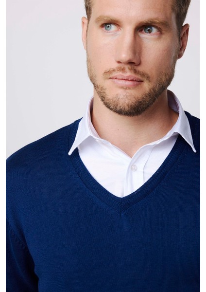 Slim Fit V Yaka Pamuklu Erkek Mavi Kazak modelleri