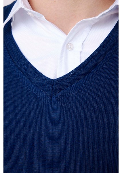 Slim Fit V Yaka Pamuklu Erkek Mavi Kazak fırsatları